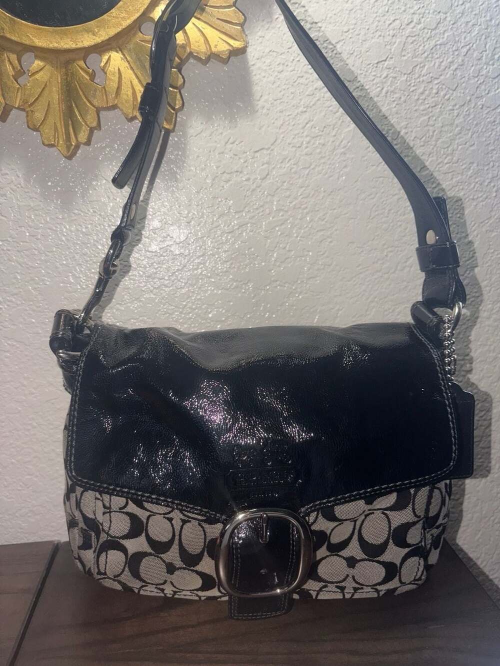 Coach Bleecker signature canvas and black patent leather flap shoulder bag